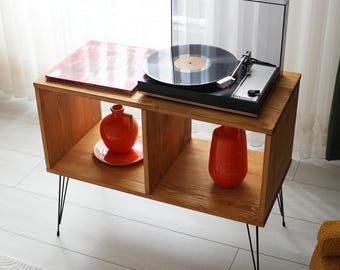 Rustic Pine Vinyl Record Cabinet with Metal Legs, Turntable Stand