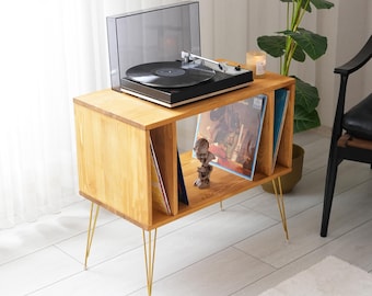 Rustic Wooden Record Player Stand, Vinyl Storage, Oak Finish