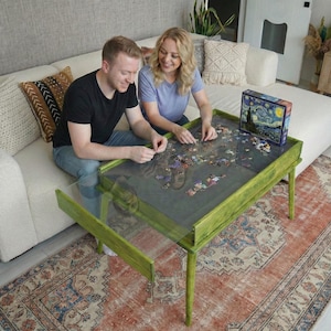 Pine Wood Puzzle Table with Drawers, Removable Glass Top