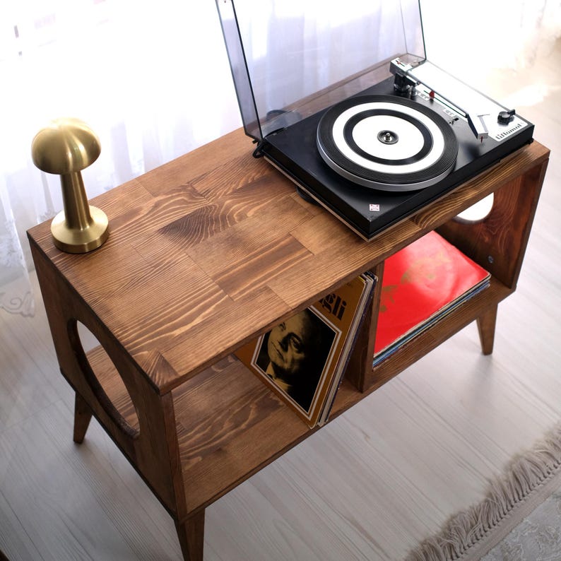 Record Player Table with storage, Vinyl Record Storage, Mid Century Media Cabinet