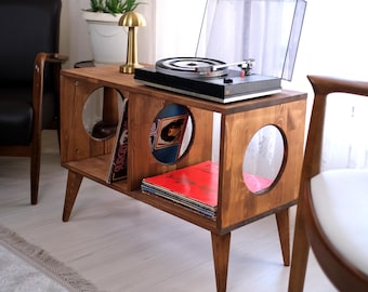 Mid Century Record Player Table, Solid Pine Vinyl Storage Cabinet
