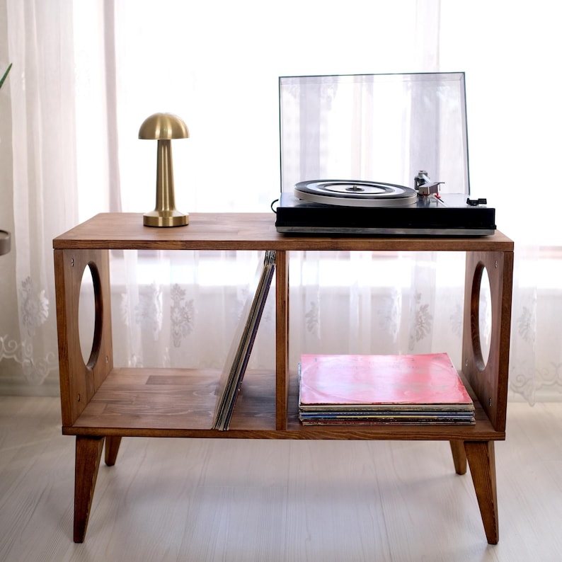 Record Player Table with storage, Vinyl Record Storage, Mid Century Media Cabinet