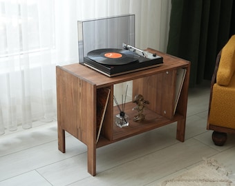 Handmade Solid Wood Record Player Stand with Storage