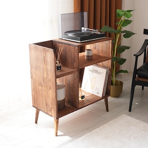 Large Record Player Stand, Solid Wood Vinyl Record Storage, Mcm Turntable Stand, Mid Century Modern Record Player Table