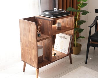 Large Record Player Stand, Solid Wood Vinyl Record Storage, Mcm Turntable Stand, Mid Century Modern Record Player Table