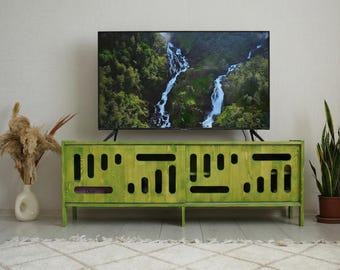 Handmade Rustic Green Solid Pine Wood TV Stand, Media Console