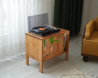 Handmade Pine Wood Record Player Cabinet with Vinyl Storage