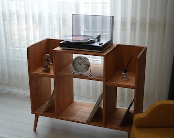 Mid Century Modern Walnut Record Player Cabinet Stand, Large Vinyl Storage Furniture