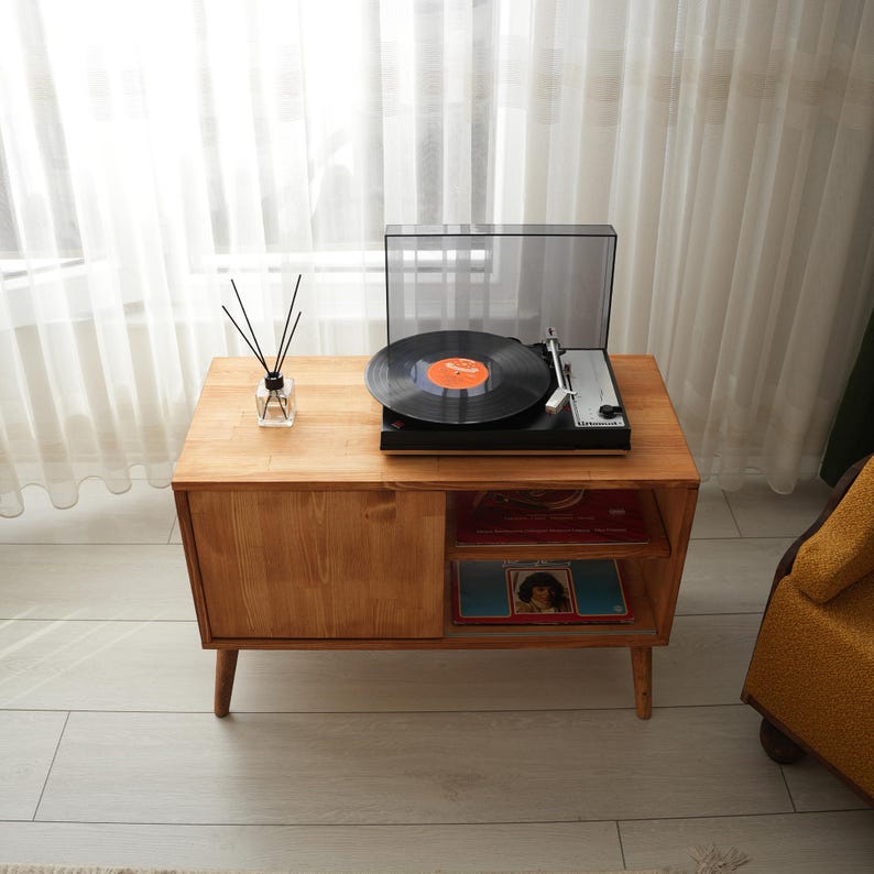 Mcm Vinyl Player Stand, Record Player Table With Storage, Mcm Record Cabinet, Vinyl Storage Unit, Mid Century Media Cabinet
