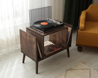 Handmade Pine Wood Vinyl Record Storage, Modern Media Cabinet