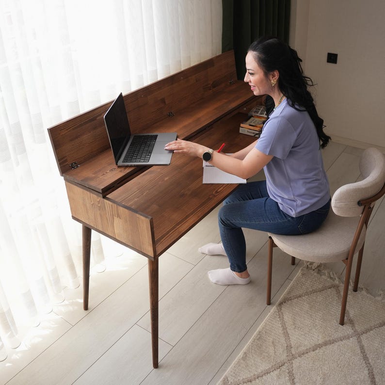 Custom Wooden Desk, Modular Home Office desk, Small Writing Table, Solid Wood Standing Desk, Mid Century Modern Office Table