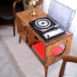 Record Player Table with storage, Vinyl Record Storage, Mid Century Media Cabinet