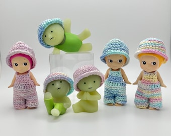 Smiski and Sonny Angel crochet hats (solid and mixed colors). One hat fits both!