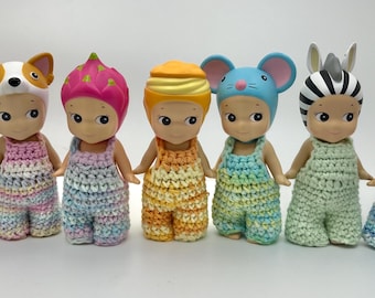 Sonny Angels crochet overalls (solid and mixed colors). Please see photos and color swatch. See other listings for sparkle and heart options