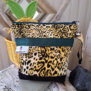 Leopard Print Zippered Bag/ Handmade Cotton Project Bag & Craft Storage