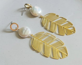 White Freshwater Coin Pearl, Brass Tropical Leaf, Circle Statement Dangle Earrings w/ Stainless Steel Posts, Boho Botanical Wedding Jewelry