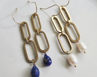 Matte Texture Brass Ovals, Natural Blue Lapis Lazuli, Freshwater Pearls Dangle Statement Earrings, Evil Eye Protection Jewelry, Chakra Stone