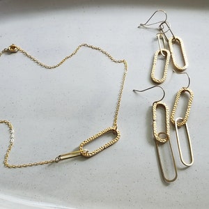 Hammered Brass Oval Paperclip Dangle Earrings and Necklace, Glam Classic, Geometric, Matching Jewelry, Day to Night Style, Mother's Day Gift image 3