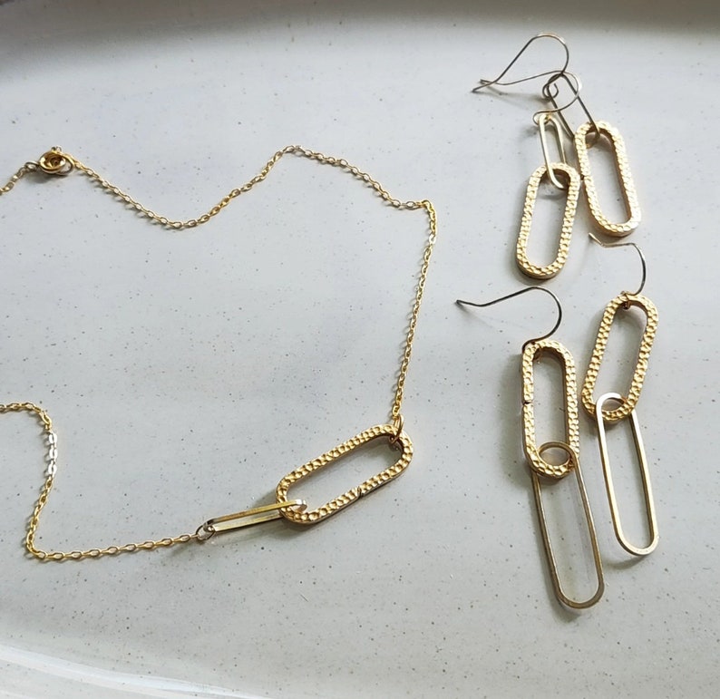 Hammered Brass Oval Paperclip Dangle Earrings and Necklace, Glam Classic, Geometric, Matching Jewelry, Day to Night Style, Mother's Day Gift image 3