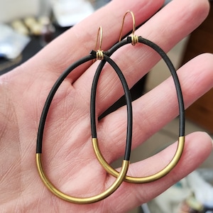 Threaded Black Rubber, Brass and Sterling Silver Teardrop, Oval & Circle Hoop Dangle Boho Lightweight Statement Earrings, Geometric Jewelry