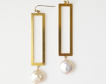 Geometric  Oval, Rectangle, Triangle Brass and White Freshwater Pearl Statement Earrings, Modern Boho Bridal Earrings, Mermaidcore, Shell