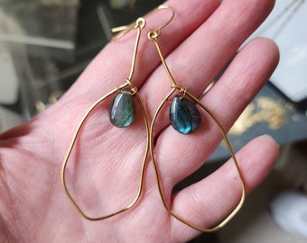One of a Kind Wire Wrapped Rainbow Labradorite Teardrop and Handmade Brass Long Dangle Earrings, Statement Earrings, Organic, Blue Earrings