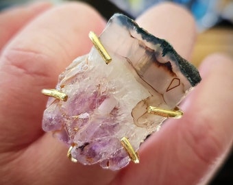 One of a Kind Natural Purple Amethyst Geode Brass Adjustable Statement Cocktail Ring, Crown Chakra Gemstone, Healing, February Birthstone