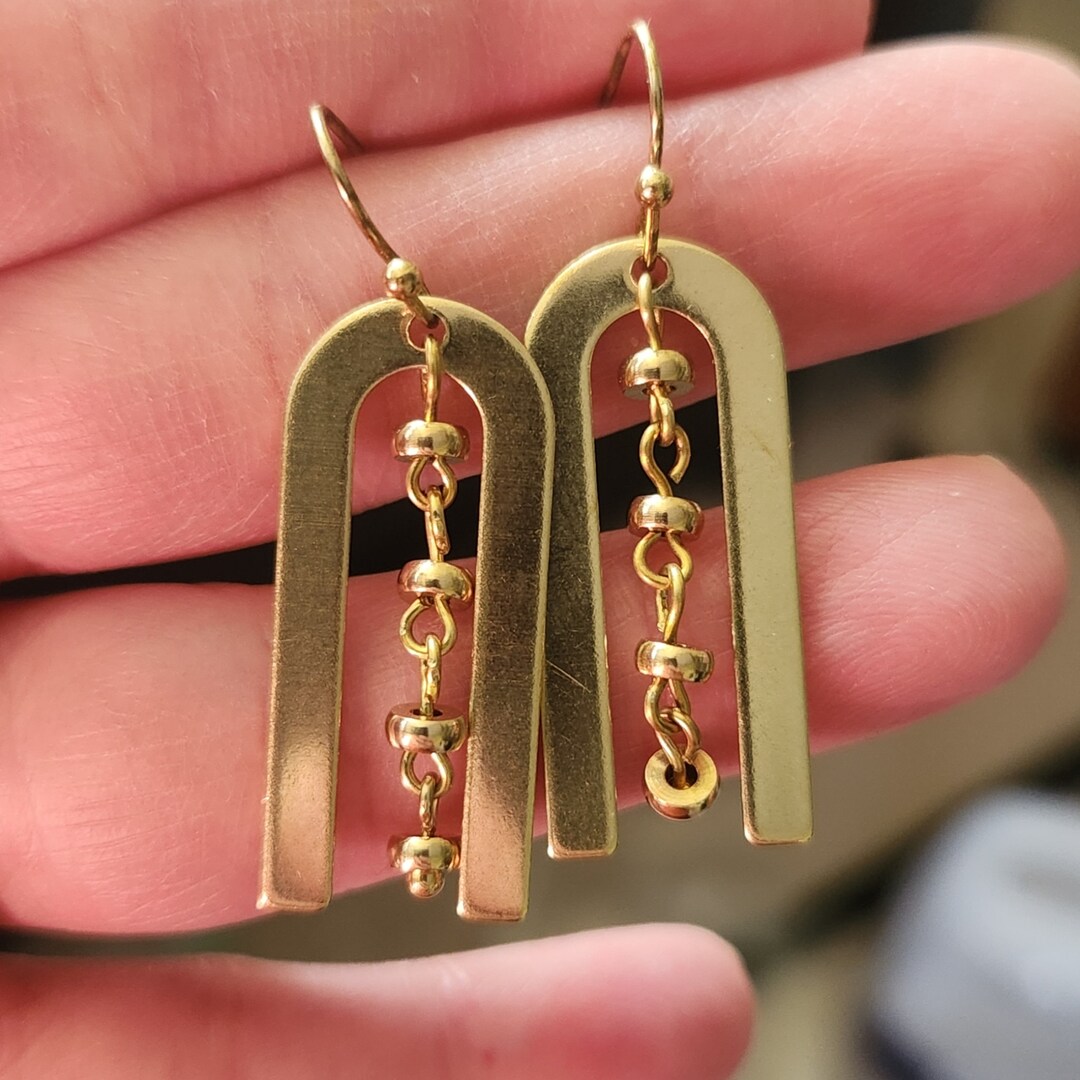 Brass U Shaped Earrings With Beaded Windchime Dangles, Geometric