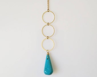 Bright Blue Turquoise and Lapis Lazuli Drop and Brass Circle Pendant, Seen on Firefly Lane, Geometric Jewelry, Long Necklace, Boho Jewelry