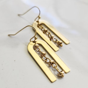 Brass U Shaped Earrings with Beaded Chain ASMR Windchime Sound Dangle & Drop Earrings, Boho Geometric Jewelry, Whimsical Mother&#39;s Day Gift