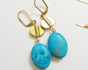 Rare Natural Bright Blue Turquoise and Detailed Brass Leverback Earrings, Statement Birthstone Jewelry, Nickel Free, Geometric Boho Earrings