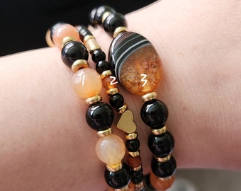 Black Jasper, Orange Agate Beaded Bracelet & Cuff, Tiger Stripe Jewelry, Vinyl Clay, Posts, Hoop Earrings, Sacral Chakra, Halloween Colors