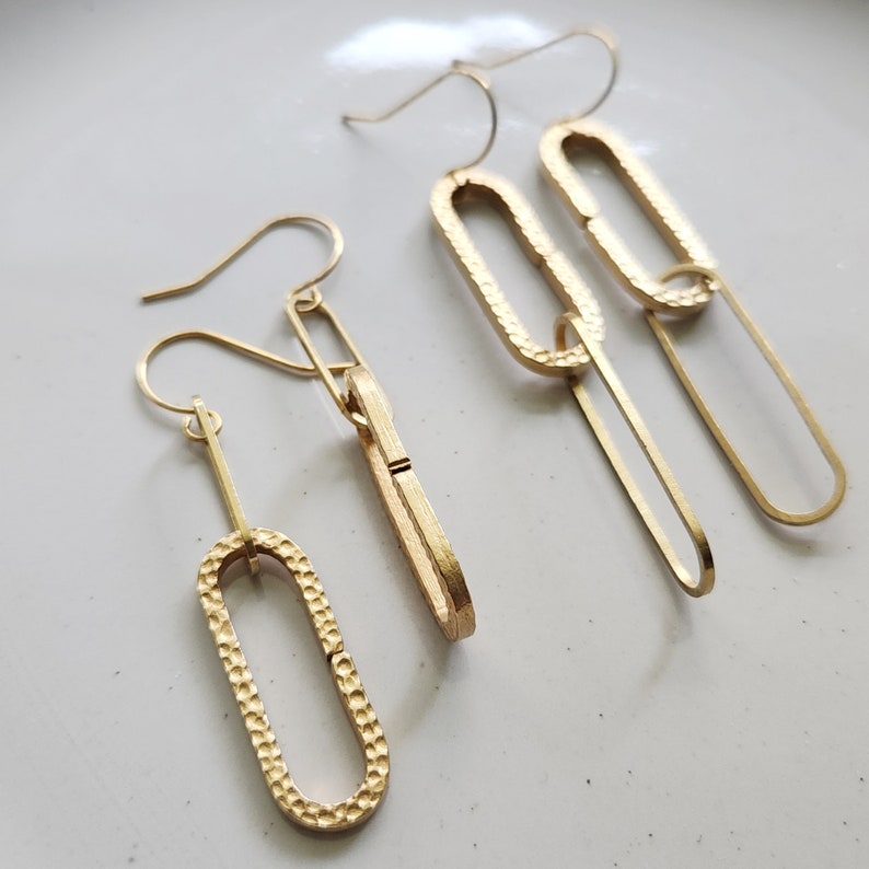 Hammered Brass Oval Paperclip Dangle Earrings and Necklace, Glam Classic, Geometric, Matching Jewelry, Day to Night Style, Mother's Day Gift 1.75" Earrings