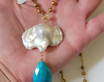 One of a Kind Statement Necklace with Elephant Shaped  Pearl with Turquoise Teardrop and Ethiopian Opal and African Brass Beaded Chain