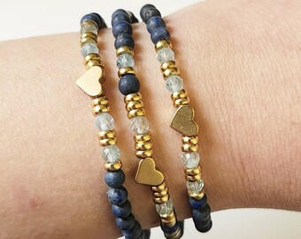 Matte Lapis Lazuli and Faceted Aquamarine Stretch Bracelets with Brass Accents and Hearts, Heart Jewelry, Blue Jewelry, Mix Match Bracelets