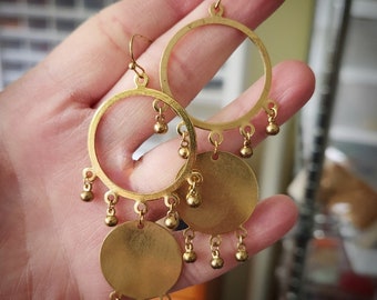 Brass Circle Chandelier Earrings with Ball Charm Drops, Statement Earrings, Geometric Earrings, Boho Jewelry, Windchime, Jingle Bells, ASMR