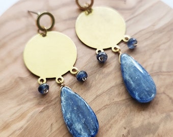 Natural Blue Kyanite Gemstone Teardrop and Brass Circle Dangle, Stainless Steel Post Statement Earrings, Boho Jewelry, Throat Chakra Crystal