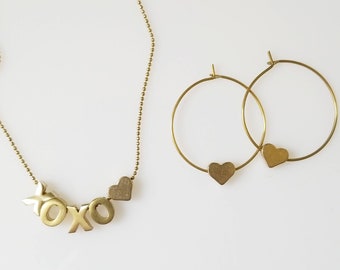 Brass XOXO Heart Necklace and Heart Earrings, Heart Jewelry, Love Jewelry, Valentine's Day Gift, Letter Jewelry, Word Necklace, Mother's Day