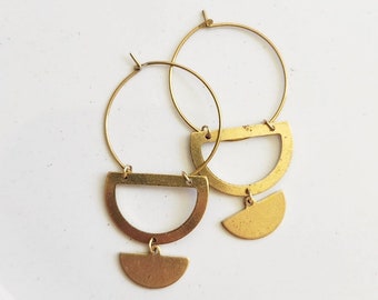 Modern Boho Brass Cutout Crescent Geometric Hoop Dangle and Drop Earrings, Half Moon Jewelry, Simple Statement Everyday Style