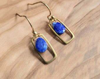 Framed Faceted Bright Blue Lapis Lazuli Teardrop Dangle Earrings, Sweet and Small Boho Earrings, Geometric Earrings, Healing Stone Jewelry