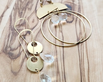 Faceted Clear Quartz Teardrop and Brass Circle Dangle Statement Earrings, Geometric Boho Jewelry, Healing Gemstone, Crown Chakra Crystal
