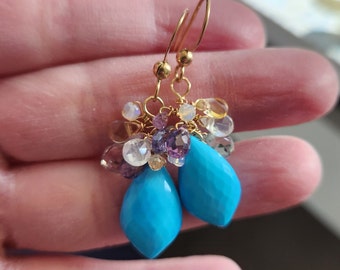 One of a Kind Blue Turquoise Marquis and Gemstone Cluster Dangle Earrings on Gold Filled, Birthstone Jewelry, Healing Stones Chakra Crystals