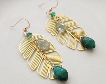 Tropical Brass Leaf, Natural Green Malachite, Sapphire and Emerald Gemstones, Gold Filled Dangle & Drop Earrings, Birthstones, Heart Chakra