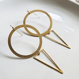 Edgy Mod Mania Bold Brass Circle & Triangle Geometric Shapes Bold Simple Statement Dangle and Drop Long Lightweight Hook Earrings, ASOTV