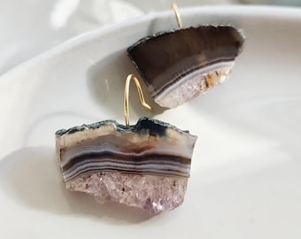 Natural Amethyst Druzy Geode Slice Seamless Dangle Earrings with Anti Tarnish Brass Wire, Grounding Protective Stone and February Birthstone