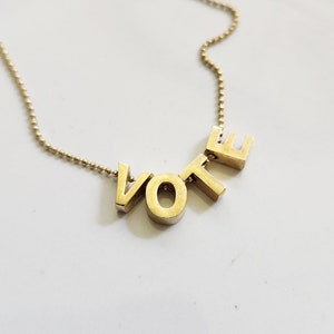 Brass Modern Block Letter Style VOTE Beaded Necklace & Ball Chain, Word Saying, Self Expression Belief Jewelry, Election 2024, Custom Length