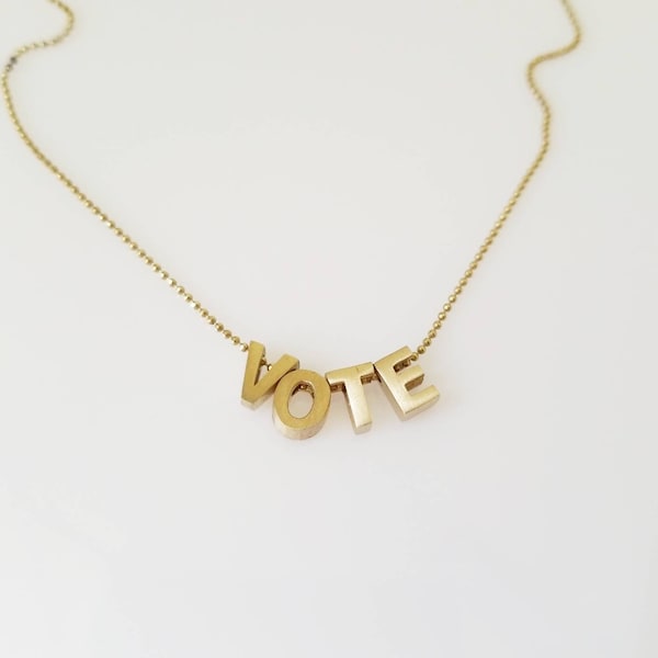 Brass Modern Block Letter Style VOTE Beaded Necklace with Ball Chain, Word, Saying, Self Expression and Belief Jewelry, Customizable Length