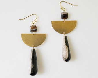 One of a Kind Sardonyx, Palm Root Fossil and Brass Earrings, Geometric Earrings, Black Jewelry, Fossil Jewelry, Long Statement Earrings