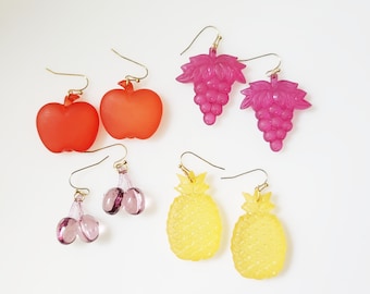 One of a Kind Vintage German Lucite Fruit Earrings, Red Apple, Berry Pink Cherry, Purple Grape, Yellow Pineapple, Fun Gem Tone Food Jewelry