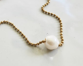 Natural White Freshwater Pearl, Brass Beaded Necklace on Faceted Ball Chain, June Birthstone, Bridal Jewelry, Crown Chakra, Positivity Stone